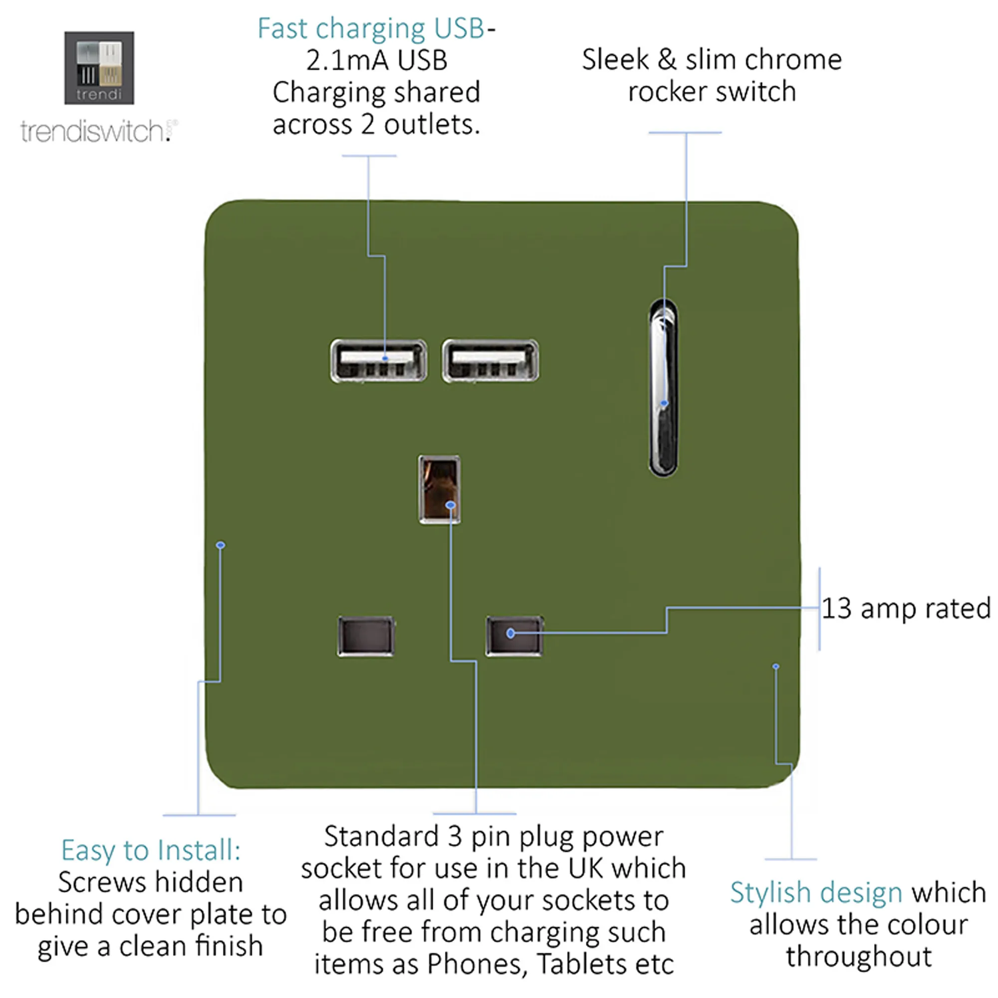 1 Gang 13Amp Switched Single Socket With 2 x USB Moss Green ART-SKT13USBMG  Trendi Moss Green